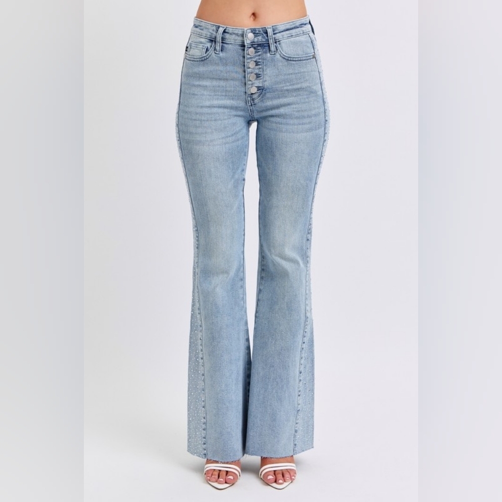 Judy Blue MR Light Wash Button Fly Rhinestone Side Panel Flare Jeans Various NEW
